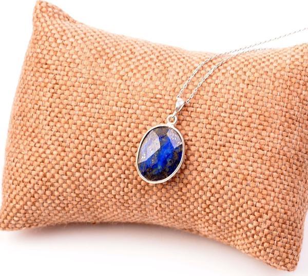 Taş Sandığı Lapis Lazuli Taşı Gümüş Kolye - Fasetli - Image 1