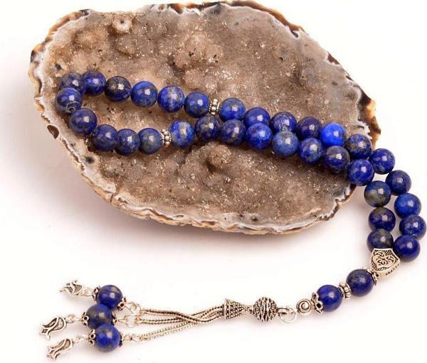 Taş Sandığı Lapis Lazuli Taşı Gümüş Tesbih - 8 mm - Üç Kamçılı - Image 1