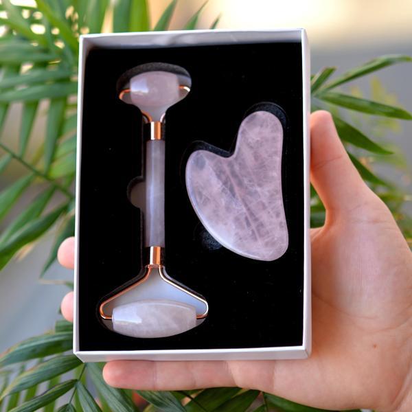 Taş Sandığı Pembe Kuvars Gua Sha ve Roller Masaj Taşı Seti  - Image 1