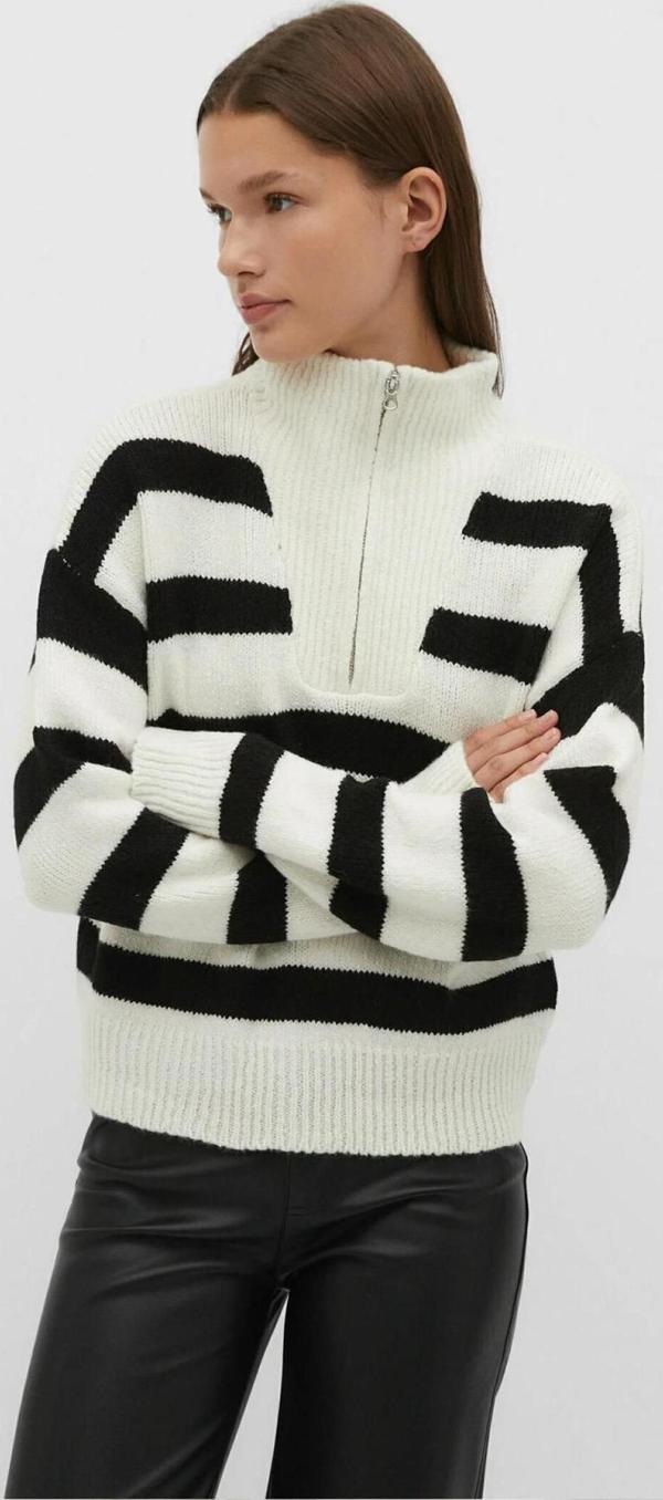 Fashion Friends 24K0011K1 Kadın Fermuarlı Çizgili Kazak - Image 1