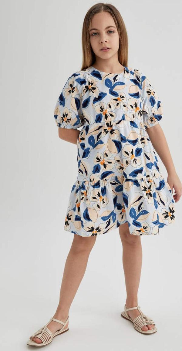 Defacto C0707A8 Kız Çocuk Desenli Kısa Kollu Poplin Elbise - Image 1