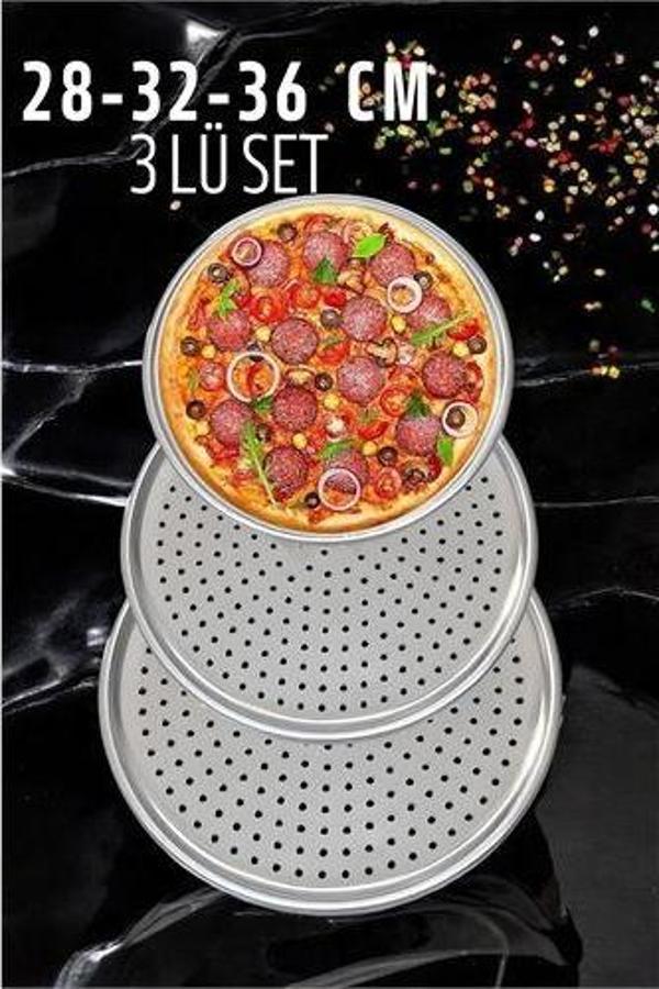 ModaCar Delikli Pizza Lahmacun Tepsisi Çelik 28-32-36 CM 3 lü SET - Image 1