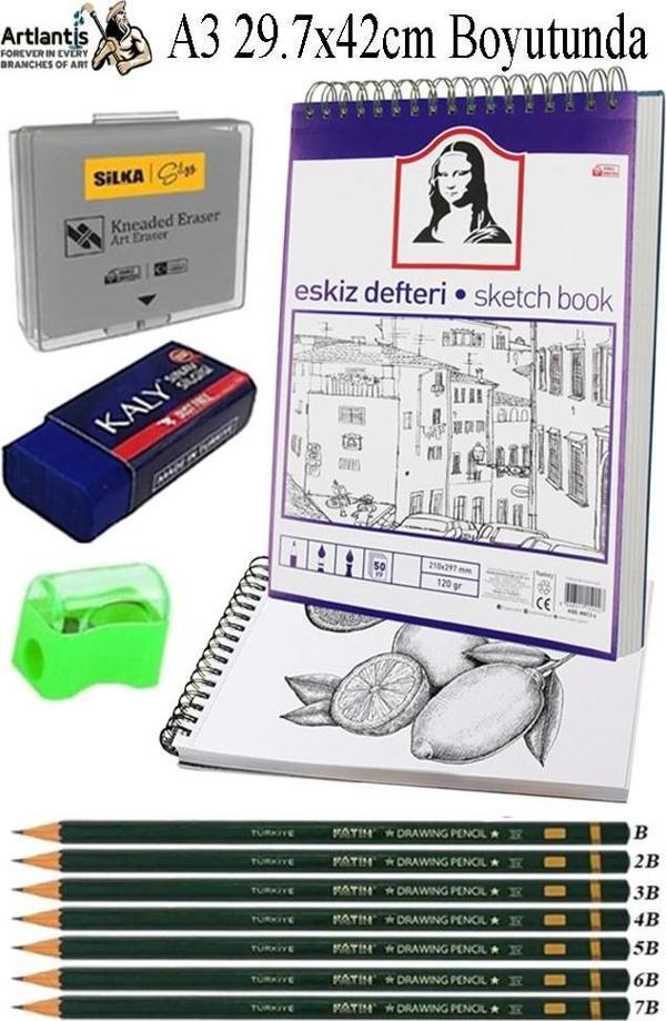 A3 Telli Eskiz Defteri Spralli 50 Yaprak Karakalem Çizim Seti Fatih Dereceli Kalem Hamur Silgi Sınav Silgisi Kalemtraş - Image 1