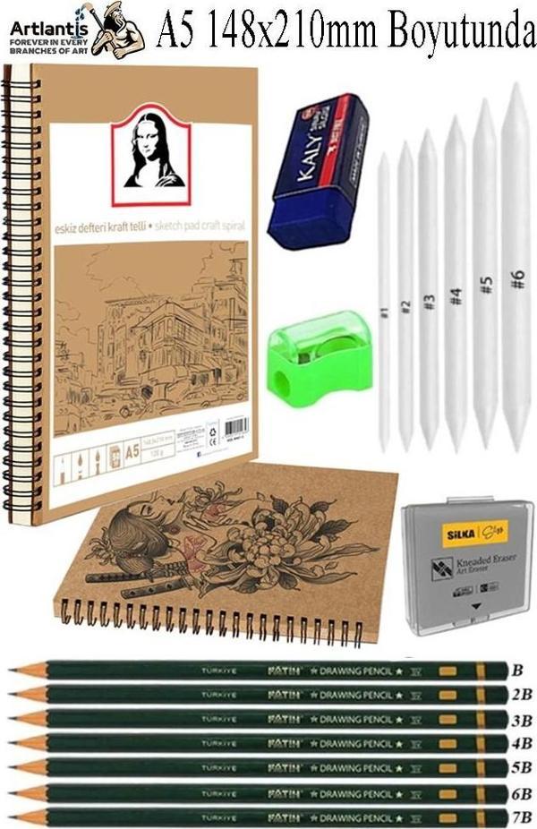 Telli A5 Kraft Eskiz Defteri Spiralli 50 Yaprak Karakalem Çizim Seti Sketch Pad Gölgelendirme Dereceli Kalem Yandan Açma - Image 1