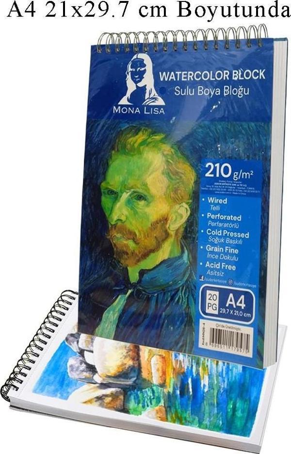 Telli Suluboya Bloğu A4 210gr 20 Yaprak İnce Dokulu Eskiz Defteri Sulu Boya Kağıdı Çizim Guaj Boya Gravür Karakalem - Image 1