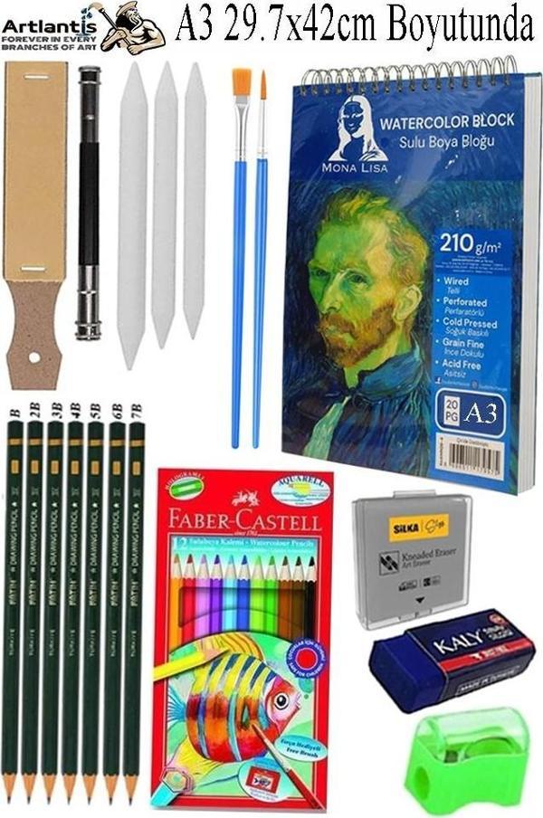 Telli Suluboya Bloğu Kağıdı A3 210gr 20 Yaprak İnce Dokulu Gölgelendirme Zımpara Aquarell Kuruboya Dereceli Kalem Uzatma - Image 1