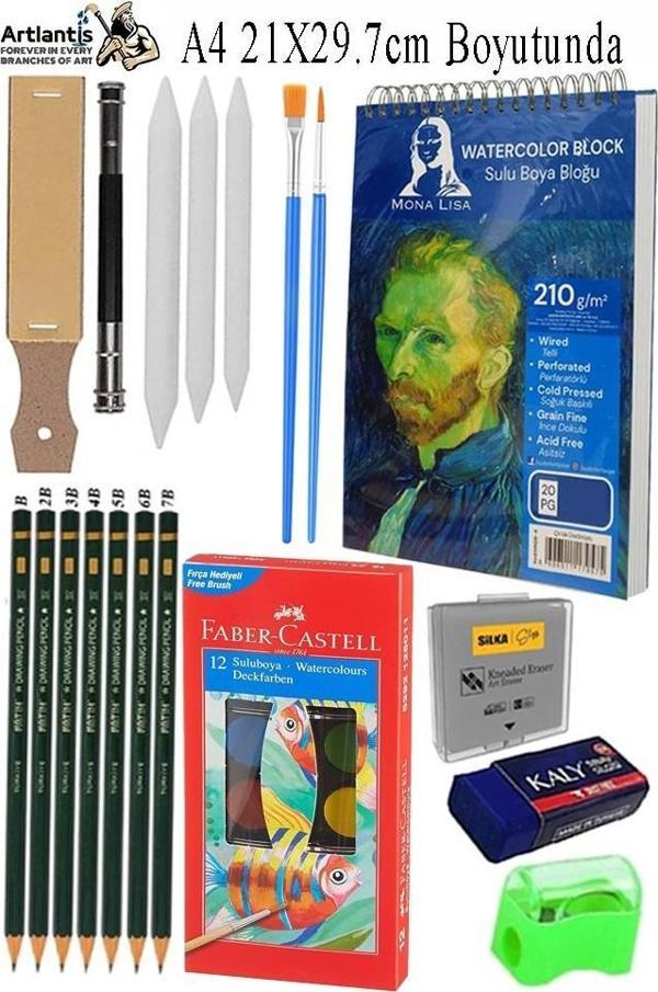 Telli Suluboya Bloğu Kağıdı A4 210gr 20 Yaprak İnce Dokulu Gölgelendirme Zımpara 12 Renk Suluboya Dereceli Kalem Uzatma - Image 1