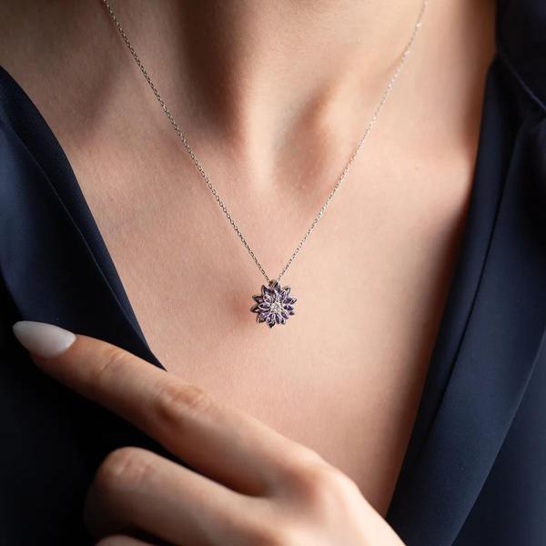 Vaoov 925 Ayar Gümüş Mor Taşlı Lotus Çiçeği Kolye - Image 1