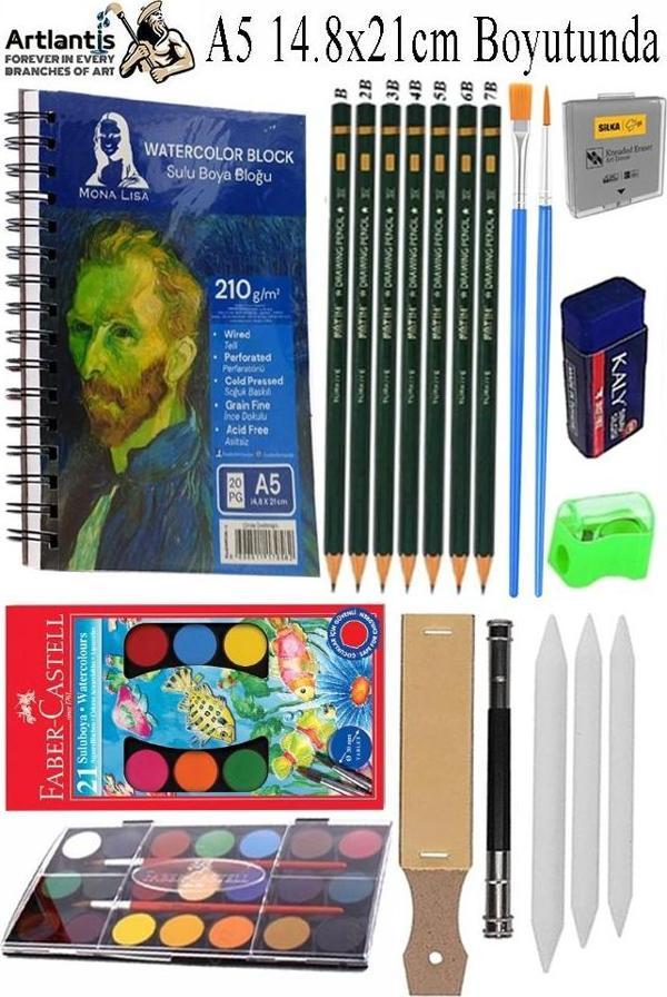 Telli Suluboya Bloğu Kağıdı A5 210gr 20 Yaprak İnce Dokulu Gölgelendirme Zımpara 21 Renk Suluboya Dereceli Kalem Uzatma - Image 1