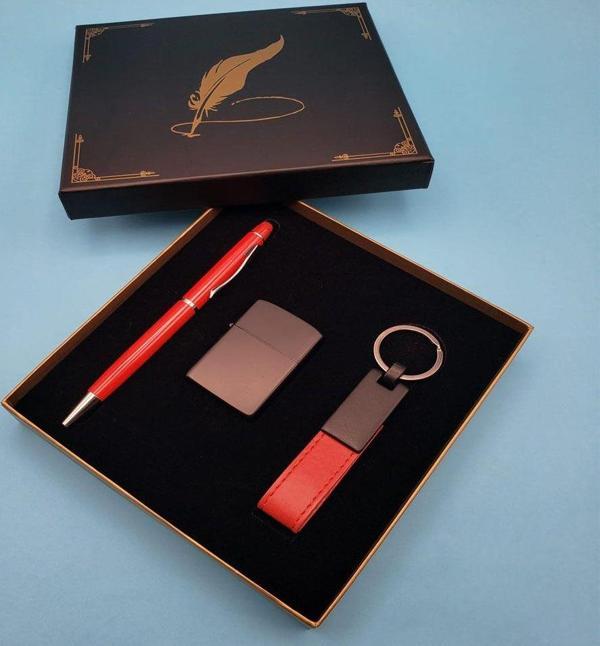 Büro Ev Ofis Hediyesi için 3PARÇA Kırmızı Anahtarlık Çakmak Touchpen Kalem Seti - Image 1