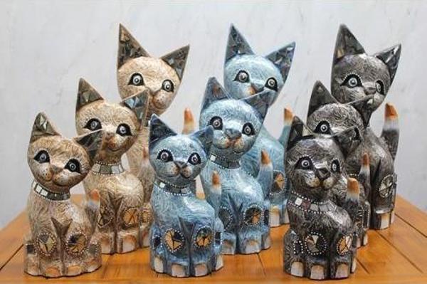 Büro Ev Ofis Dekoru için 3PARÇA 40CM Midi Ahşap Kedi Objesi Seti - Image 1