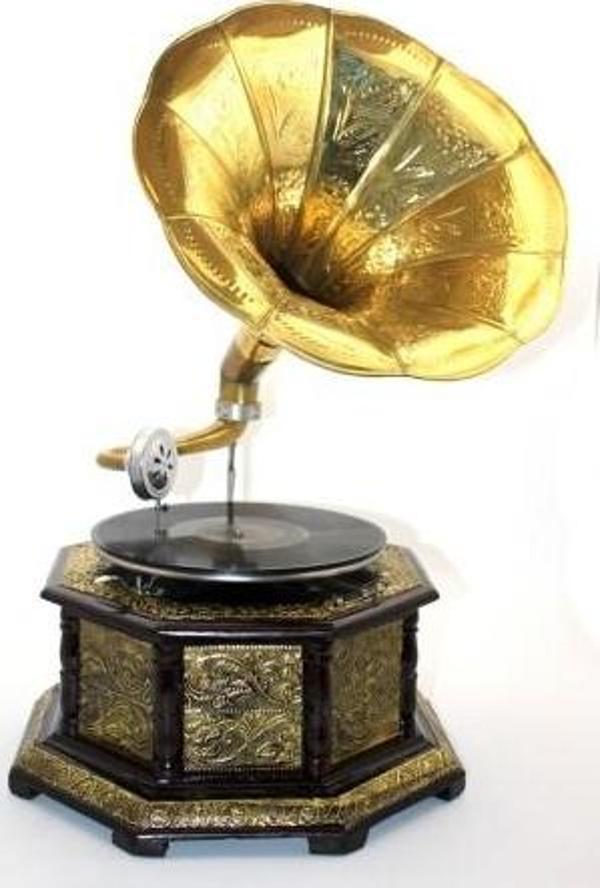 Büro Ev Ofis Dekoru için Metal Kaplı Ahşap Sekizgen Gramofon Obje - Image 1