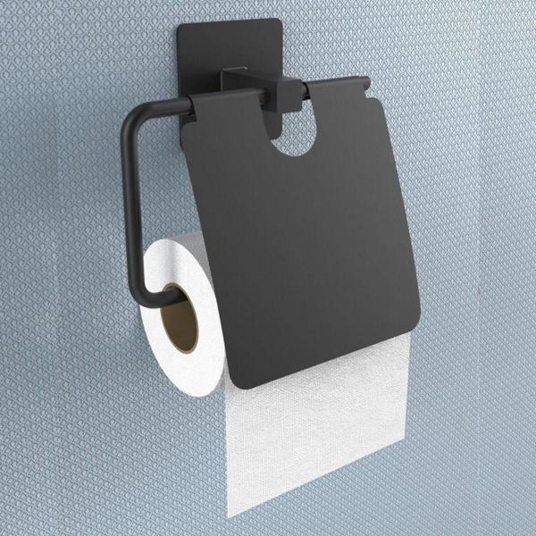 Banyo Dekoru için Yapışkanlı Paslanmaz Siyah Metal Kapaklı Tuvalet Kağıt Tutucu - Image 1