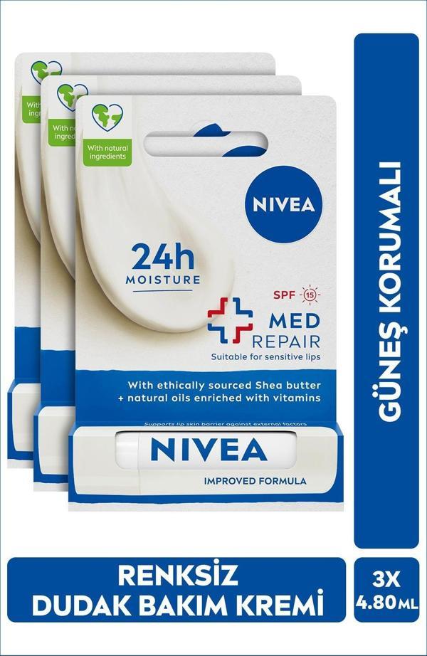 Nıvea Renksiz Dudak Bakım Kremi Med Repair 4.8Gr, 24 Saat Nem, Güneş Koruyucu, Spf15, X3 Adet - Image 1