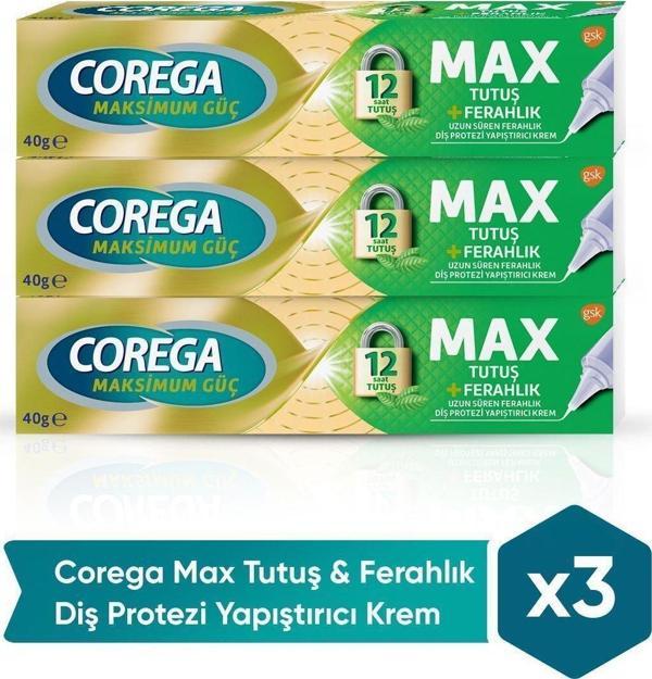 Corega Max Tutuş & Ferahlık Diş Protezi Yapıştırıcı Krem 40G X 3 Adet - Image 1
