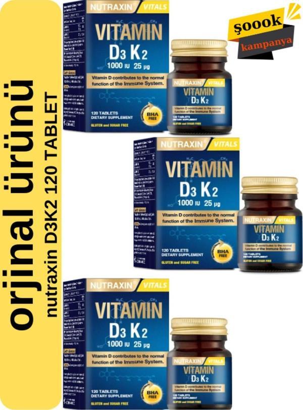 Nutraxin D3K2 120 Tablet 3'Lü - 1000 Iu D3 Vitamini, 25 Mcg K2 Vitamini - Image 1