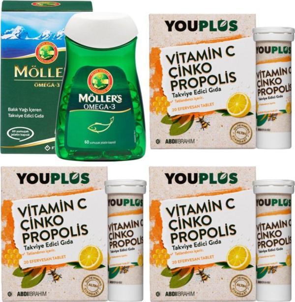 Möller'S Omega 3 60 Kapsül Youplus Vitamin C Çinko Propolis 20 Efervesan Tablet 3 Adet - Image 1