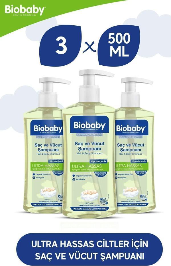 Biobaby Ultra Hassas Saç Ve Vücut Bebek Şampuanı 500 Ml Prebiyotik Alman Papatyası - Organik Içerik 3 Lü Set - Image 1