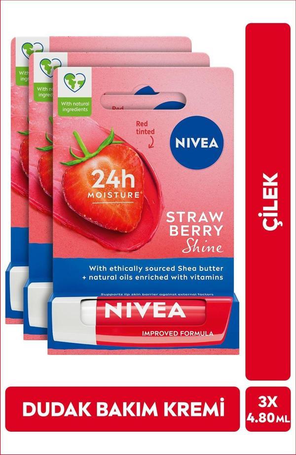 Nıvea Dudak Bakım Kremi Ve Dudak Parlatıcı 4.8Gr, Çilek Kokusu, 24 Saat Nem, Hafif Kırmızı Işıltı, X3 Adet - Image 1