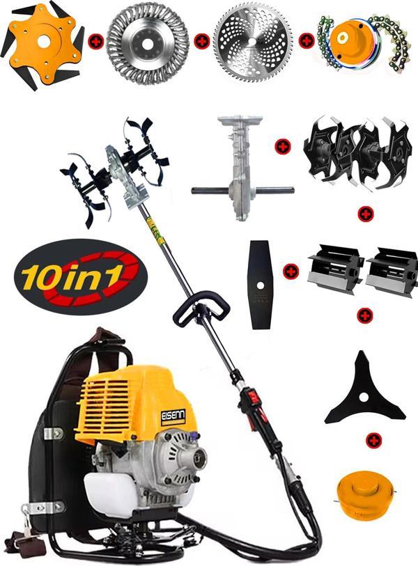 Eisenn German 10 In 1 Set X-torq Sırt Tipi Benzinli Ot Çim Biçme Makinası Toprak Eşeleme Aparatı + Akrobat Çapa Aparatı  - Image 1