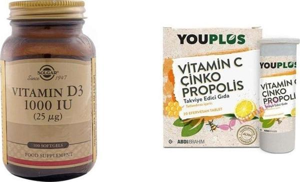 Solgar Vitamin D3 1000 Iu 100 Kapsül + You-Plus Vitamin C Çinko Propolis 20 Efervesan Tablet - Image 1