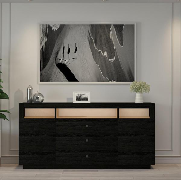 K003 Asil Led Işıklı, Dolaplı ve Çekmeceli Konsol Ahşap Siyah - Image 1