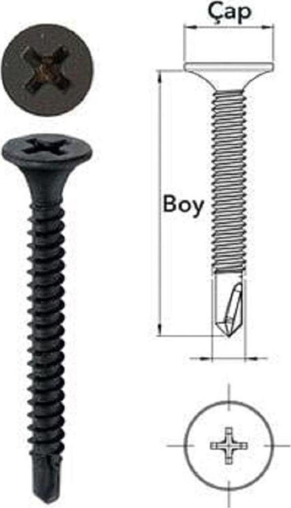3.5x45 Borazan Başlı Matkap Uçlu Alçıpan Vidası Siyah 100 Adet - Image 1