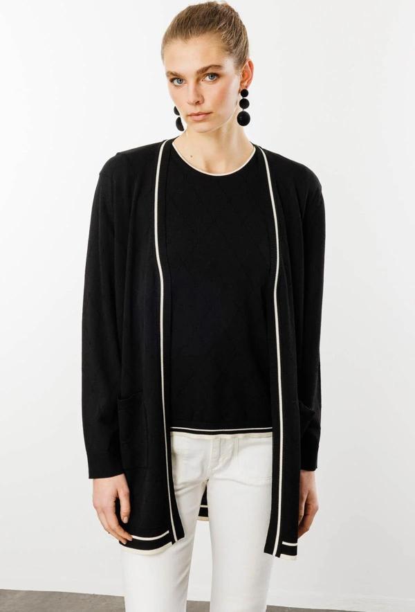 Desen Triko Kadın Sıfır Yaka Baklava Desenli Yazlık Hırka 25357 Siyah - Image 1