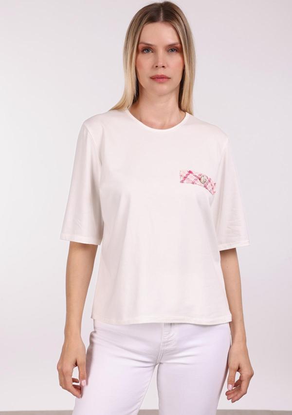 Sempre Kadın Kısa Kollu Süs Cep Detaylı Pamuklu Penye Bluz 2646 Pembe - Image 1