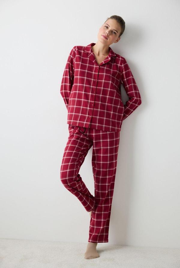 Penti Düğmeli Aria Checked Kırmızı Gömlek Pantolon Pijama Takımı - Image 1