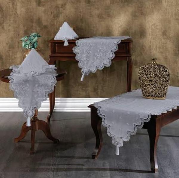 Nazik Home Clara Dantelli Leke Tutmaz 5 Parça Salon Oda Takımı Gri Standart - Image 1