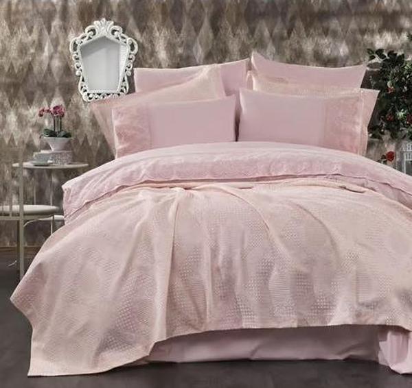 Nazik Home Estina Dantelli Nevresim, Jakar Desenli Yatak Örtüsü 9 Parça Çeyiz Seti Pudra Çift Kişilik - Image 1
