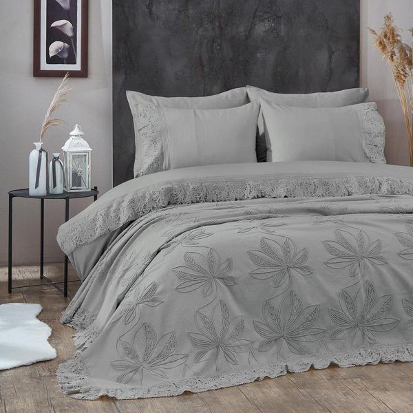 Nazik Home Manolya Nevresim Pike  Set-Gri - Image 1