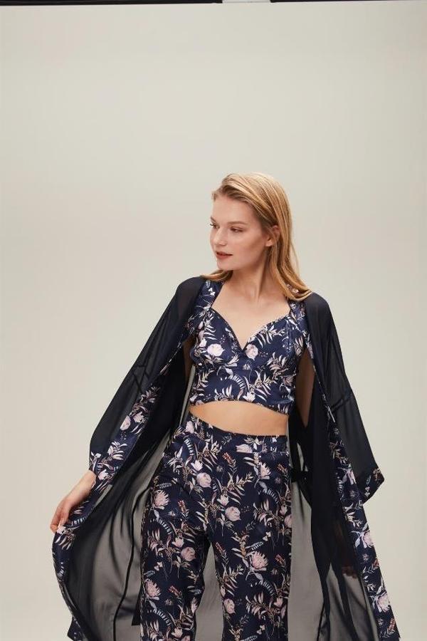 Nazik Home Mia Sabahlık Pantolon Büstiyer 3'lü Takım Lacivert L - Image 1