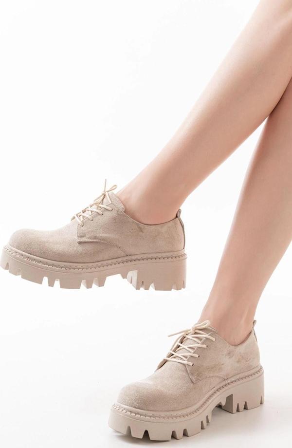 868-754 Bej Süet Bağcıklı Günlük Yüksek Tabanlı Loafer Ayakkabı - Image 1