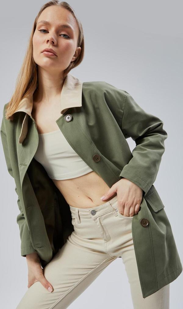 Haki Oversize Casual Midi Trençkot - Image 1