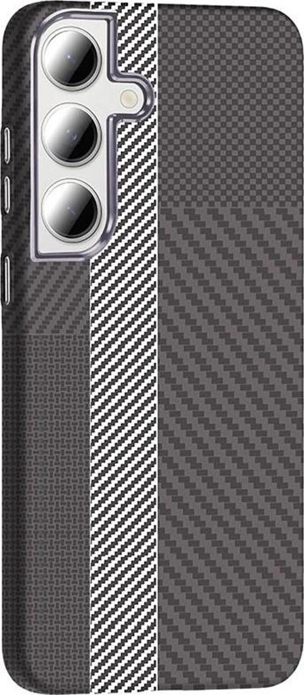 Galaxy S24 FE Kılıf M-safe Şarj Özellikli Karbon Fiber Görünümlü Gros Kapak Gri-Siyah - Image 1