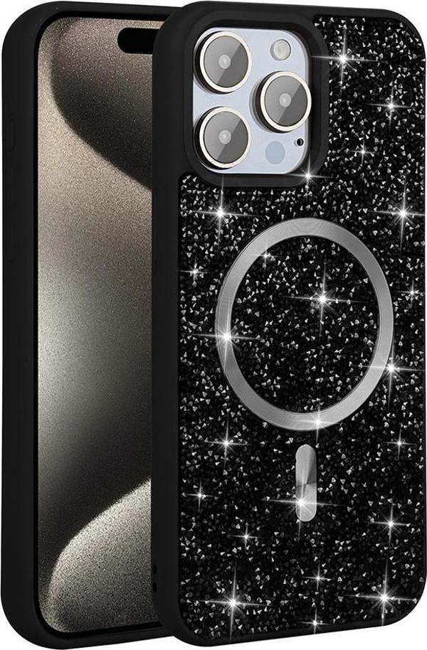 iPhone 15 Pro Kılıf Pırlanta Tasarımlı M-safe Şarj Özellikli Mozaik Silikon Kapak - Image 1