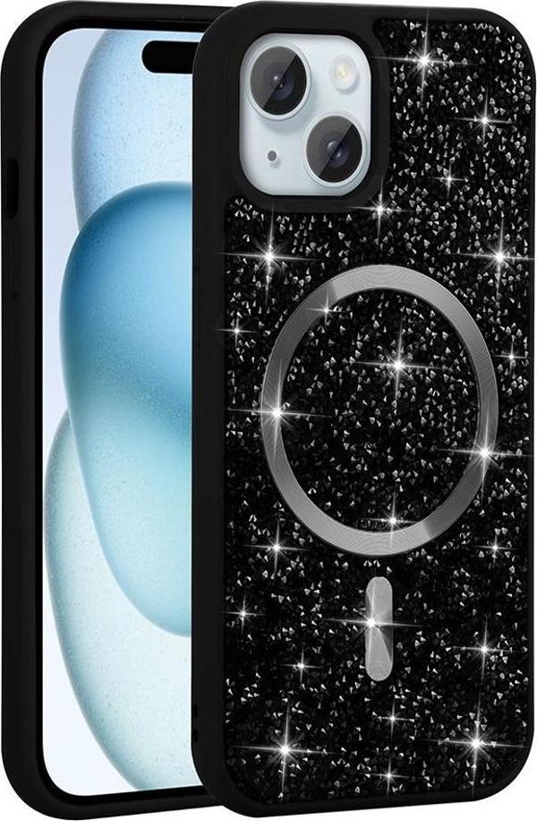 iPhone 15 Plus Kılıf Pırlanta Tasarımlı M-safe Şarj Özellikli Mozaik Silikon Kapak - Image 1