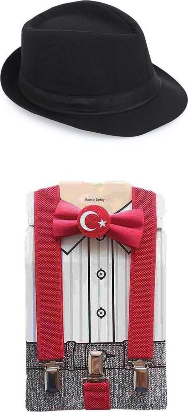 Ay Yıldız Papyon + Pantolon Askısı + Fötr Şapka - 23 Nisan Çocuk Okul Papyon Seti 29 Ekim Set - Image 1