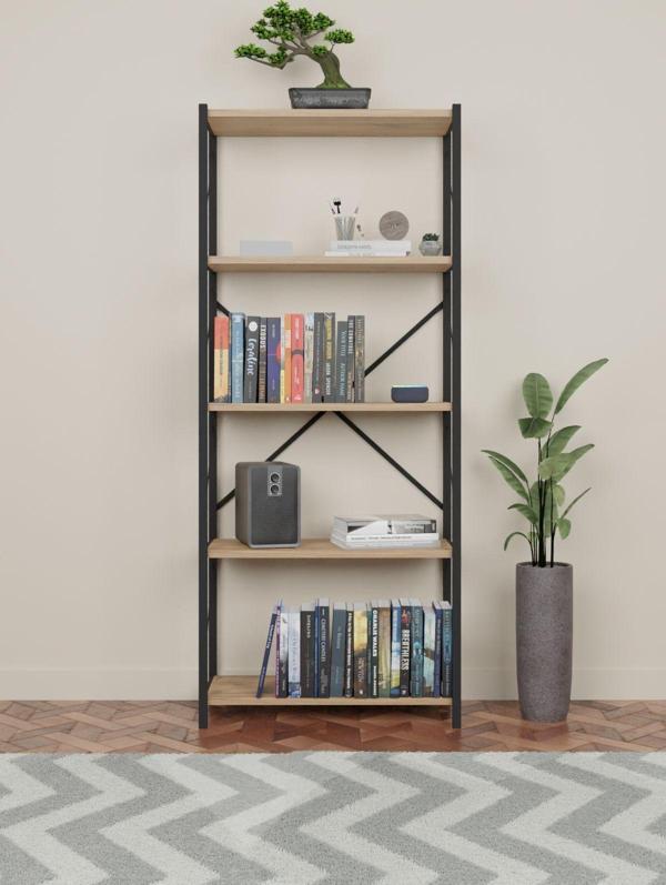 Yelken Design Metal Kitaplık 5 Raflı Dekoratif Kitaplık Atlantik Çam - Image 1