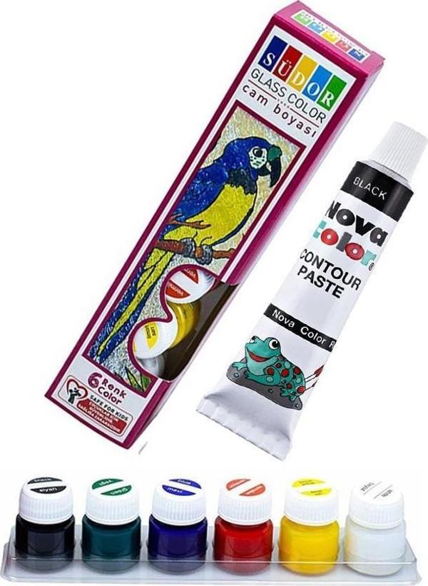 Cam Boyası 6 Renk 15 ml ve Siyah Kontur Boyası 1 Paket Cam Vitray Boyama Seti Cam Boyama Seti - Image 1