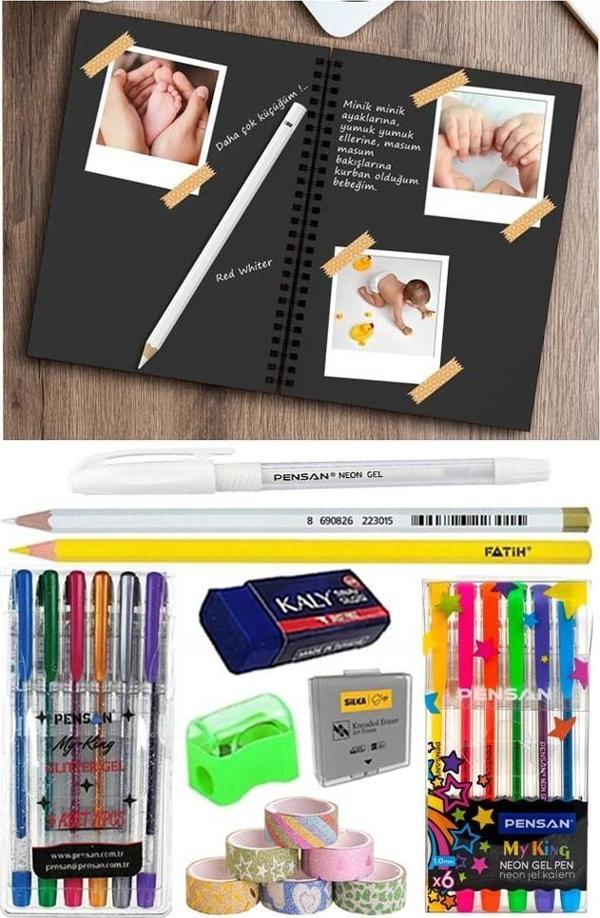 Telli Siyah Defter A5 40 Yaprak Eskiz Fotoğraf Albümü Simli Neon Kalem Simli Bant Sarı Beyaz Kurşun Jel Kalem Kalemtraş - Image 1