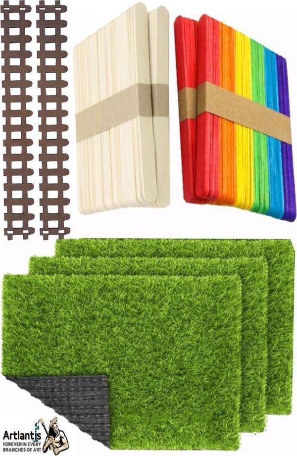 Maket Yapım Seti A4 Suni Çim Renkli ve Naturel Dondurma Dil Çubuğu Maket Çim Yapay Çim Ahşap Dondurma Çubuğu - Image 1