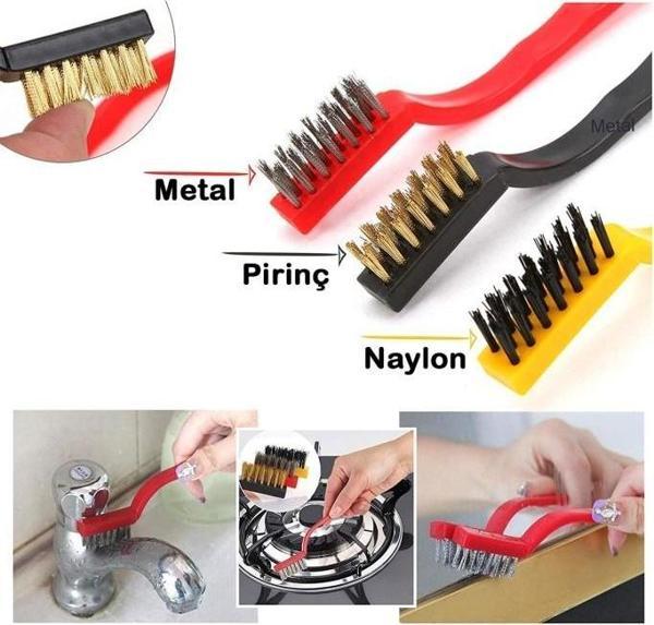 Plastik Saplı 3lü Çelik Plastik Pirinç Tel Yağ Pas Sökme Ocak Temizleme Fırçası - Image 1