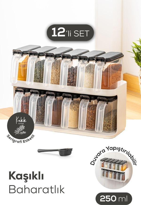 Vienev 12'li Beyaz Standlı Kaşıklı Etiketli Kendinden Yapışkanlı Baharatlık Seti Beyaz - Image 1
