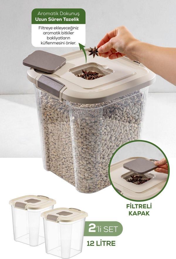 Vienev 2'li 12 Litre Kare Çok Amaçlı Filtre Kapaklı Un Bakliyat Saklama Kabı Bej - Image 1