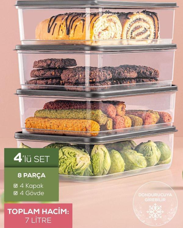 Vienev 4'lü 1,75 Litre Buzdolabı Düzenleyici Organizer Mikrodalgaya Uygun Difriz Saklama Kabı Gri - Image 1
