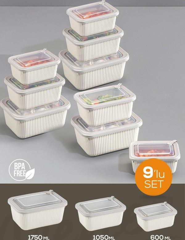 Vienev 9'lu Vip Dikdörtgen Mikrodalga Ve Difrize Uygun Saklama Kabı Seti Bej 3x(1750,1050,600 ml) - Image 1