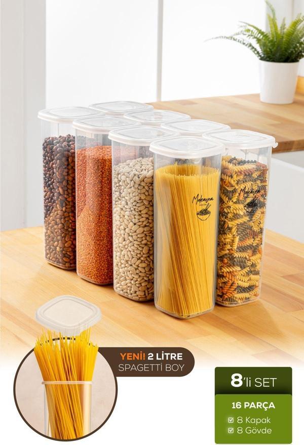 Vienev Etiketli 8'li 2 Litre Bakliyat ve Baharat Saklama Kabı Beyaz - Image 1